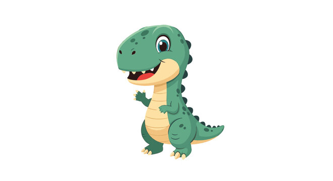 Vector illustration of a cute happy baby dinosaur with a long neck waving its front limb, featuring a friendly smile and bright colors, isolated on white background for kids design.