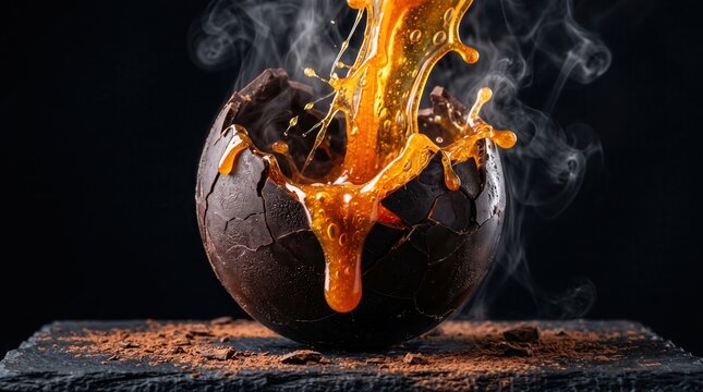 Chocolate sphere exploding with hot caramel splash chocolate confectionery
