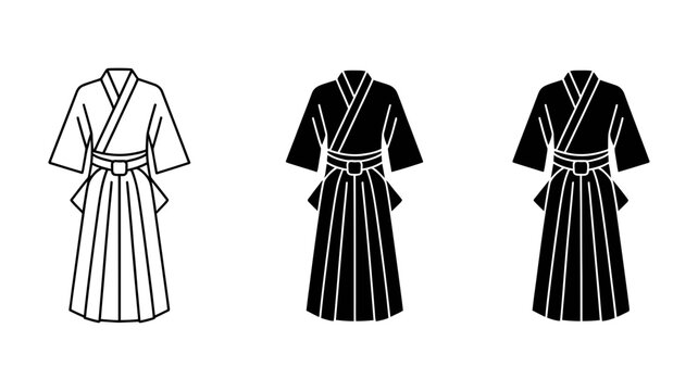 Japanese kimono and hakama traditional outfit vector icon set in outline and solid styles with japanese