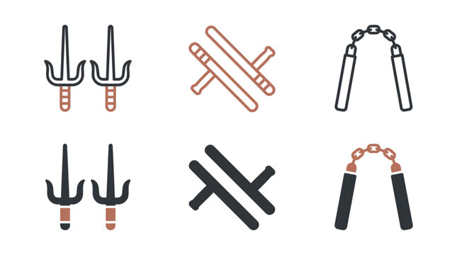 Martial arts weapons icon set including sai batons and nunchucks in outline and solid style with self defense