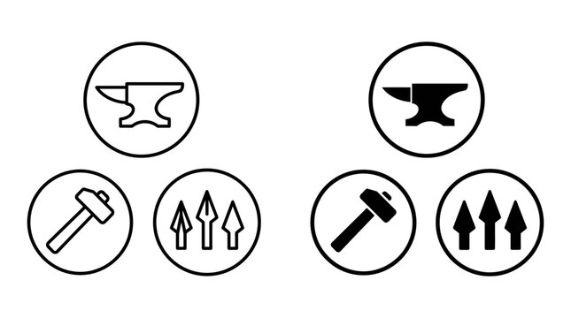 Blacksmith and metalworking craft tools icons including anvil hammer and arrows with blacksmith, metalworking