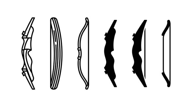 Various archery bow side profile icons set including compound and recurve bows with equipment, compound