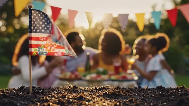 Celebrating Independence Day with children holding American flags at outdoor picnic gathering at sunset