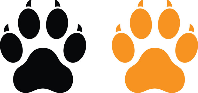 Black and orange animal paw print icons set with claws Vector