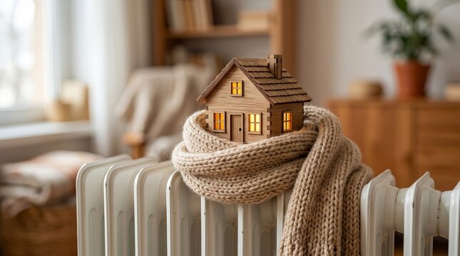 A miniature house model wrapped in a knitted scarf sits on a white radiator for winter heating efficiency concepts.