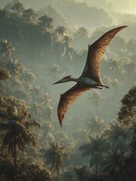A flying dinosaur, dinosaur, flying reptile, pterosaur sails over a primeval landscape, jungle, AI generated