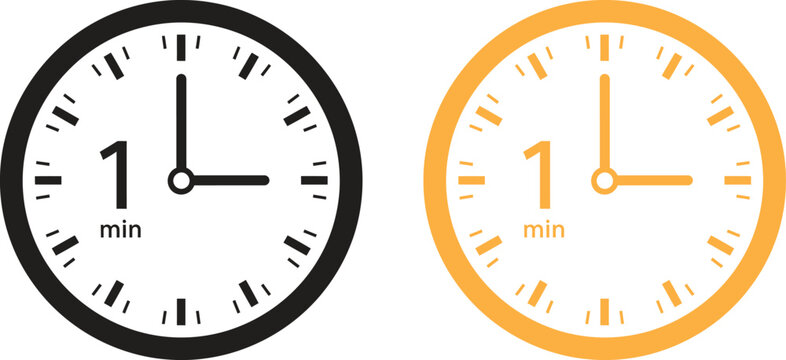 Black and orange clock icons showing one minute duration for time management and countdown timer Vector