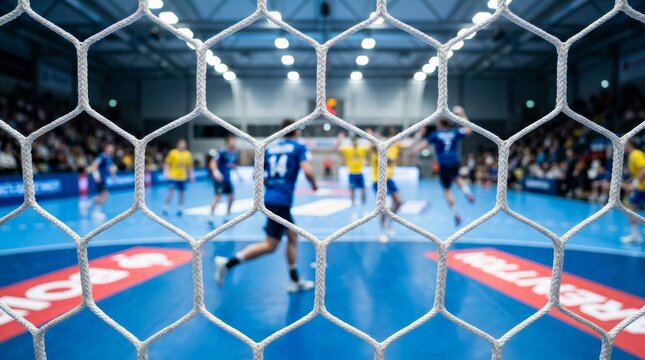 Close-up view of a handball goal post and white net in an indoor sports arena.