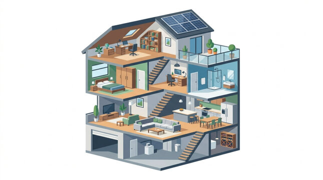 Cross section of a modern house showing multiple rooms and levels.