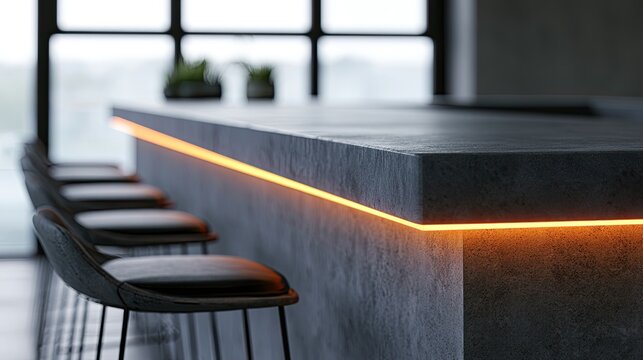 Modern concrete bar with orange accent lighting and leather stools