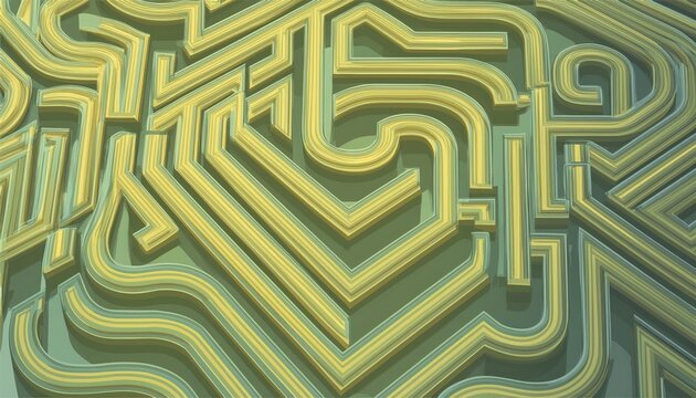 Three dimensional abstract green and yellow colored geometric maze pattern design, AI generated