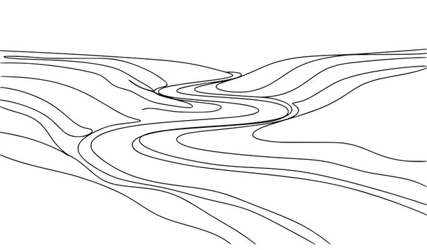 Hand Drawn River Valley Landscape Vector Illustration with Flowing Water and Eroded Terrain