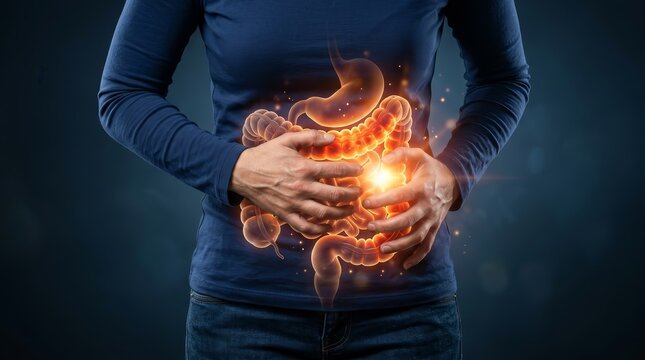 Woman suffering from abdominal pain due to colitis, IBS, or colon cancer.