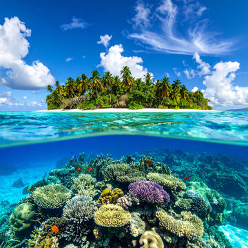 Tropical island above underwater reef