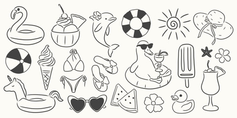 Summer pool party doodle clipart set. Hand drawn flamingo float, ice cream, dolphin, sunglasses, cocktails, swimsuit and vacation elements. Vector Illustration. © Huma Fida