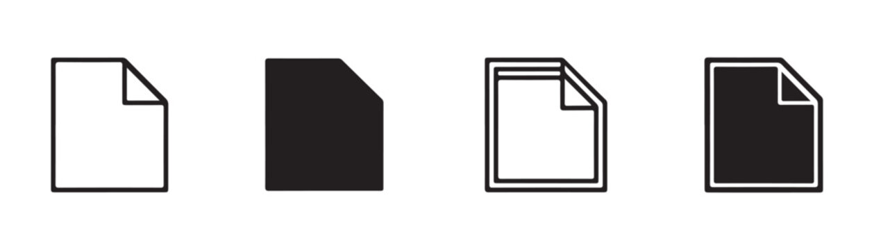 Minimalist file paper icons set featuring blank and outlined document sheets for digital interfaces.