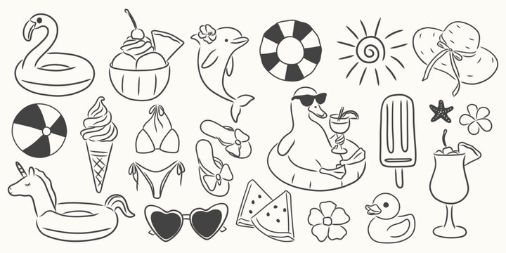 Summer pool party doodle clipart set. Hand drawn flamingo float, ice cream, dolphin, sunglasses, cocktails, swimsuit and vacation elements. Vector Illustration.