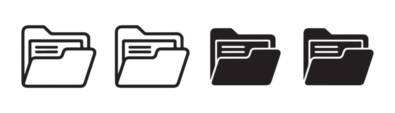 Document folder outline and solid silhouette icon set for file storage and archives organization.