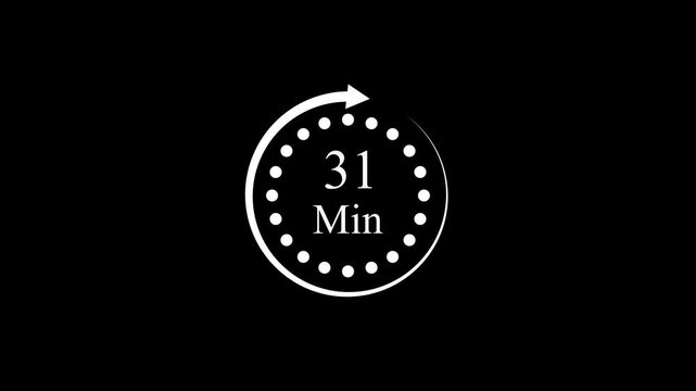 31 Min clock icon animation. 31 minute animation on black background