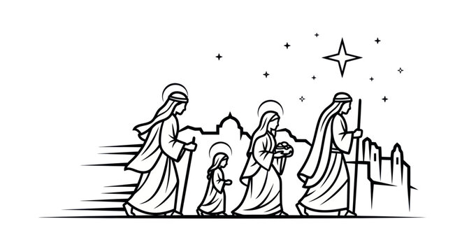 Nativity Scene Line Art: Holy Family Journeying Under Starry Sky