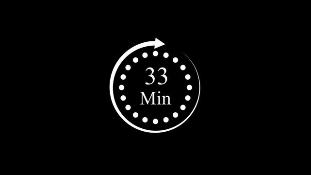 33 Min clock icon animation. 33 minute animation on black background