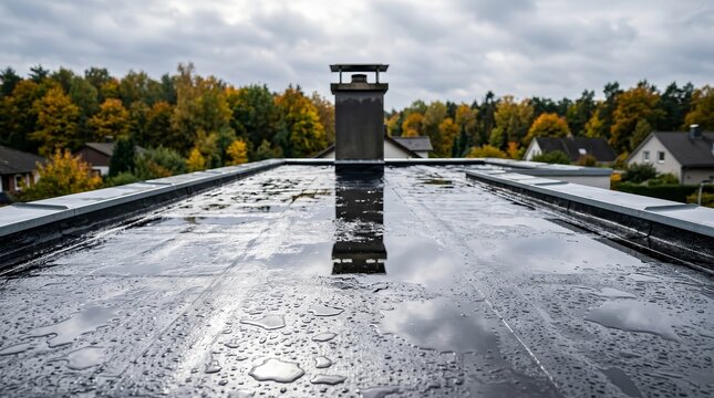 Flat roof of a private home coated in bitumen with a silver finish and a chimney.