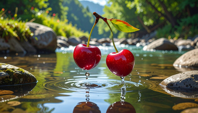 Fresh Cherries Above Rippling Water