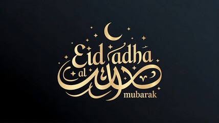 Obraz premium Minimalist Eid Al Adha Mubarak golden typography with Arabic calligraphy on dark background