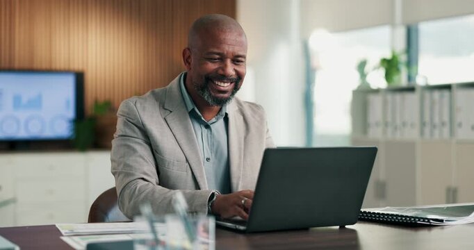 Black man, thinking and laptop in office for project management, report or email at PR agency. Business person, typing and mature public relations manager with tech with reflection or communication