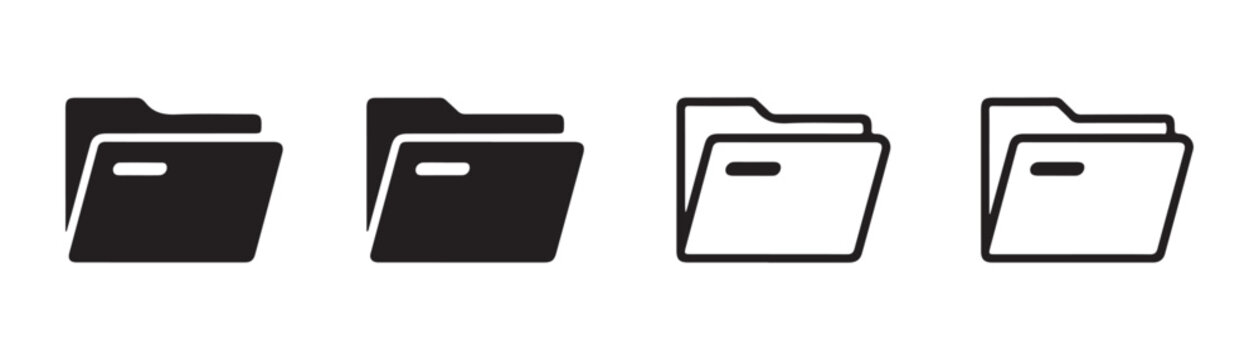 Folder icon set, open folder signs with paper clip or tab in outline and solid black styles.