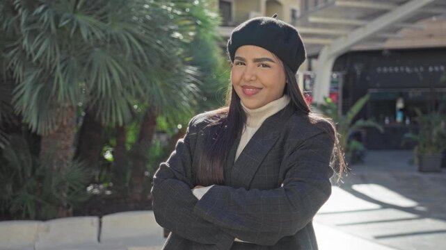 Woman in beret and blazer smiles with arms crossed and hand on coat lapel on a sunny street plaza by potted palms and a storefront; confidence poise.