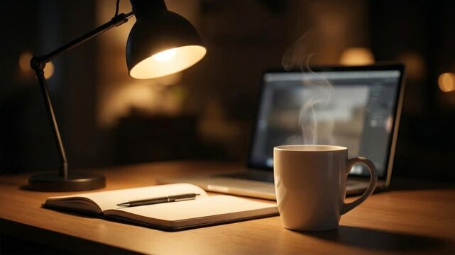 夜の部屋においてあるコーヒーカップ