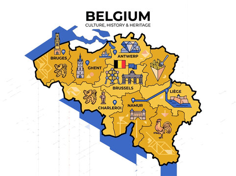 Belgium Landmarks Map Infographic with Cultural Symbols and City Names. Travel Vector Illustration Featuring Brussels, Antwerp, Bruges, Ghent, Li&egrave;ge, and Namur.