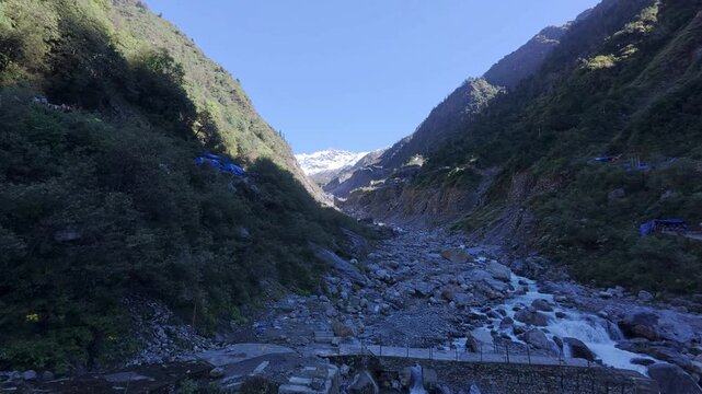 Old broken Rambada Bridge during Kedarnath Trek with loud sound of Mandakini River,