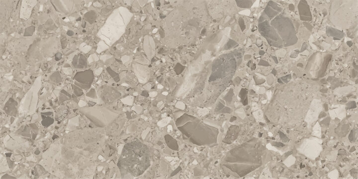 Close-up textured background of variegated grey terrazzo with chunky, irregularly shaped stone fragments embedded within a concrete-like matrix, offering a durable and decorative surface.