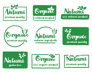 Fototapeta premium Collection of natural and organic labels with leaves on a white background