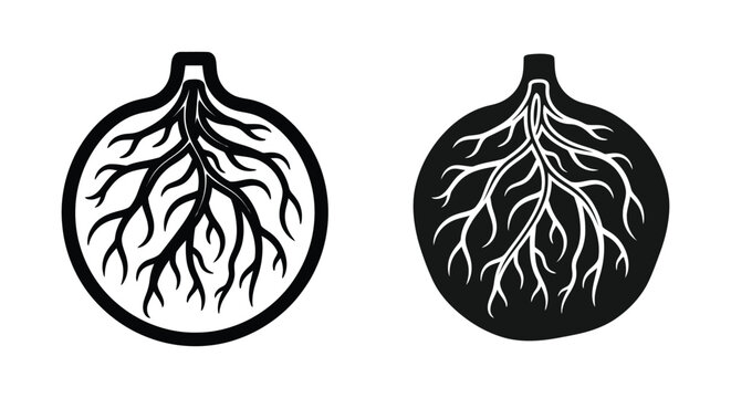 Set of two icons of a pomegranate fruit with internal structure