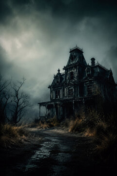 Mansi&oacute;n victoriana abandonada envuelta en niebla bajo un cielo tormentoso