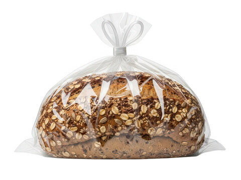 Artisan whole grain bread loaf in clear plastic packaging, fresh sourdough loaf with oats and seeds in transparent bag, rustic bakery product mockup for retail and grocery branding 