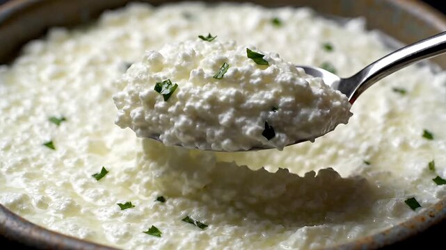 Closeup of creamy cottage cheese with fresh herbs being scooped with a spoon.