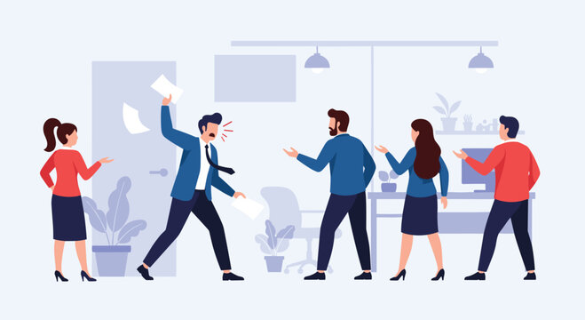 Frustrated businessman in a blue suit shouts and throws papers while his stressed office employees react with concern and confusion in the room.