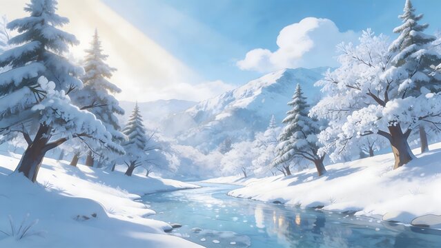 Snowy forest with stream and mountains