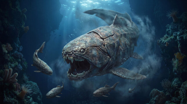 Dunkleosteus Hunting Prey in Deep Ocean &ndash; Realistic Prehistoric Fish Paleo Art