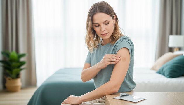 Young Caucasian woman applying medical adhesive patch for nicotine or hormonal therapy on arm