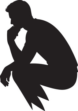 Silhouette of a young man squatting down in a deep thinking pose with hand on chin reflecting over life