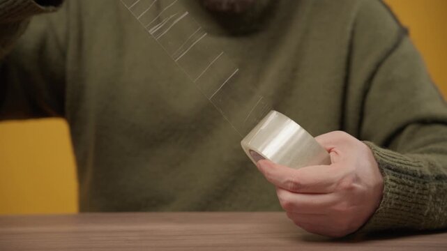Man pulling a strip of transparent adhesive scotch tape from a roll, close-up.