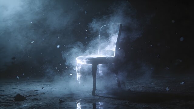 glowing chair dissolving into smoke and particles in dark infinite space, symbolizing loneliness and emotional emptiness in surreal scene