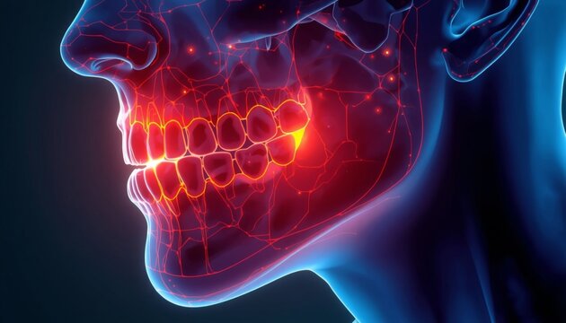An image of a close up of a person ' s face with a jaw and teeth highlighted