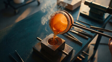 High-angle view of molten glowing liquid being poured from a crucible into a metal mold on a workbench with smoke wisps