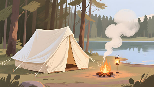 Outdoor camping tent by the forest lake for leisure lifestyle
